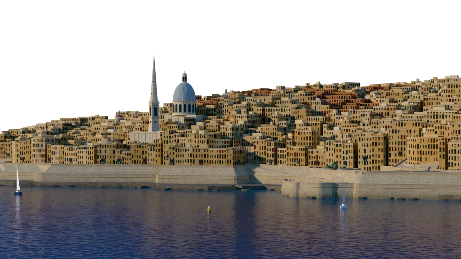 Valletta from across Marsamxett Harbour in morning light: honey-coloured houses stepping up from the bastions to the Carmelite dome and the spire of St Paul's.