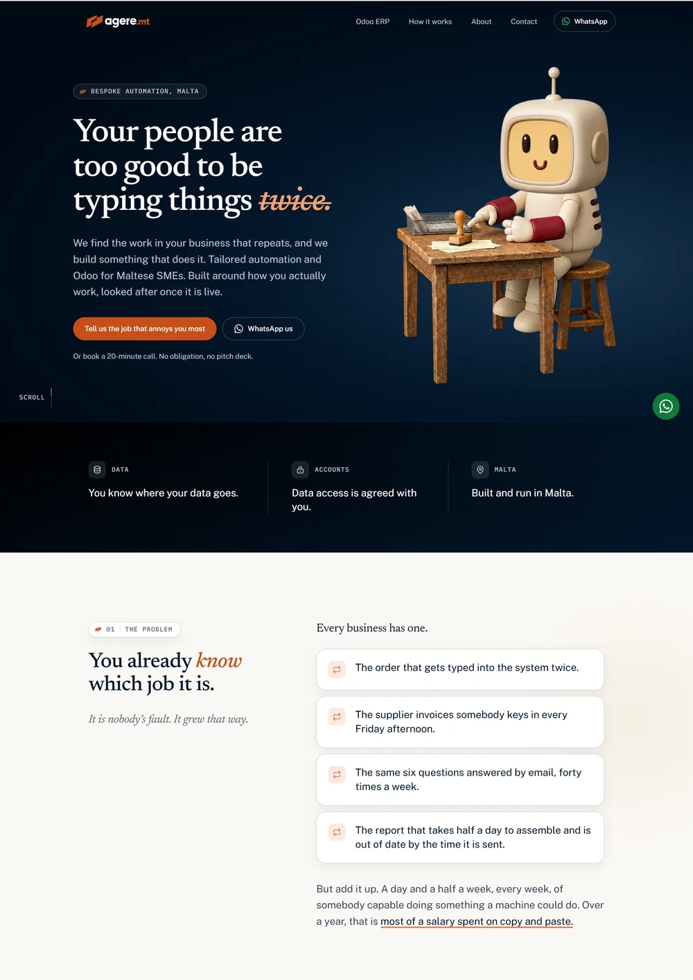 Agere: character design · navy and copper identity, shown on the actual website.
