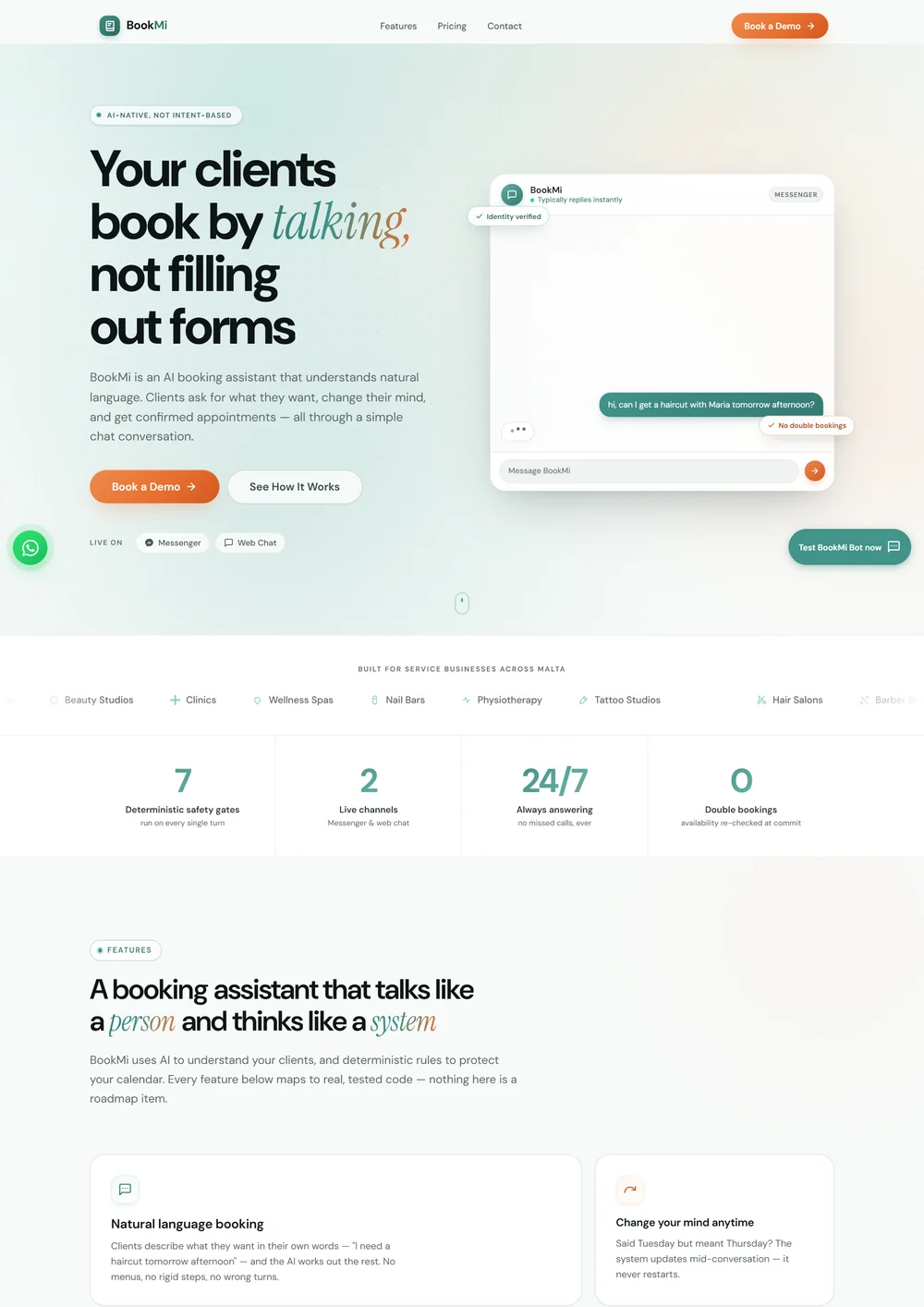 BookMi: conversational interface · product demonstration, shown on the actual website.