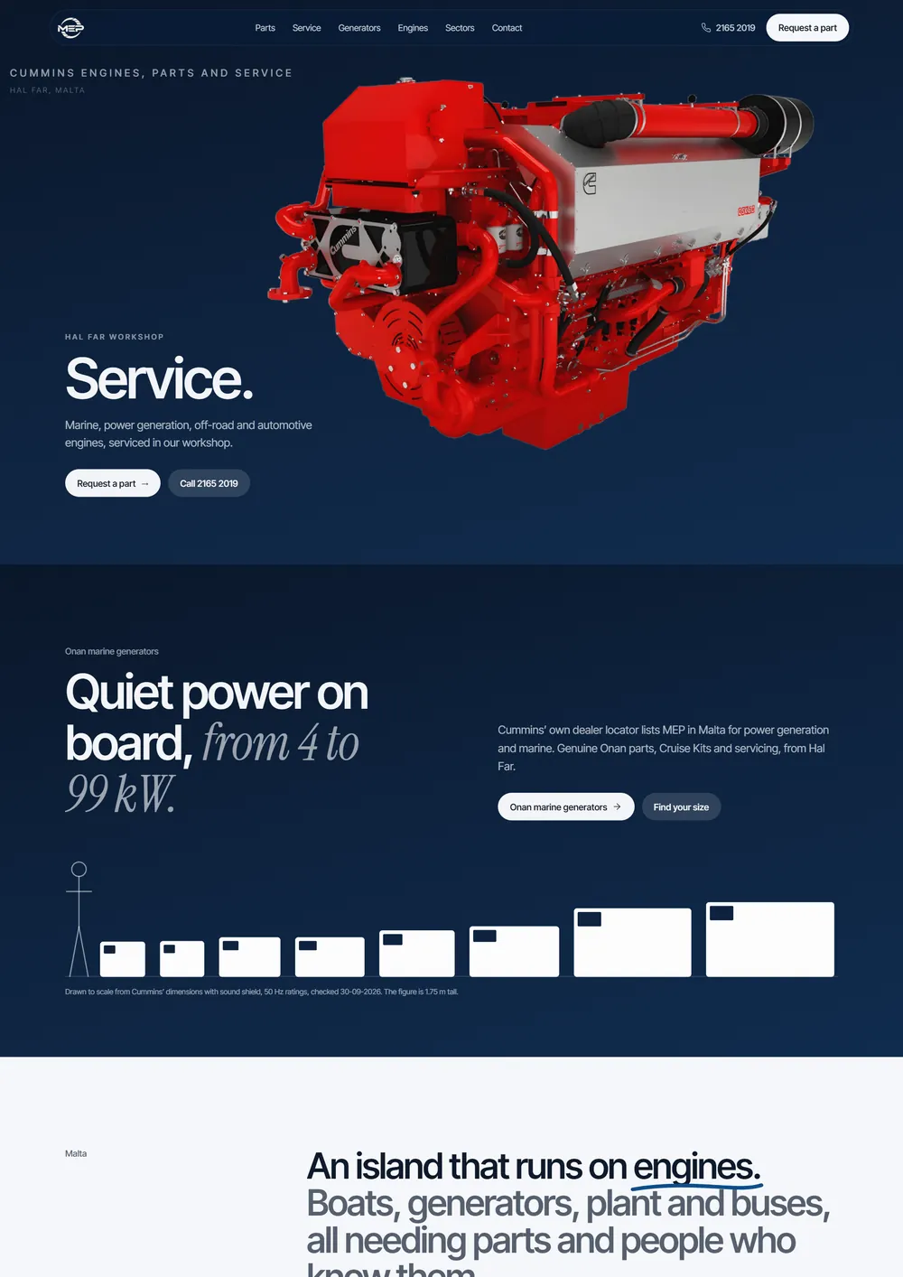 MEP Cummins: product imagery · parts and phone in one tap, shown on the actual website.